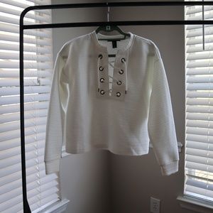 White Lace Up Crew Neck